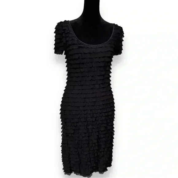 Betsy Johnson P Black Short Sleeve Ruffled Scoop Neck Bodycon Girly Minidress - Picture 1 of 16